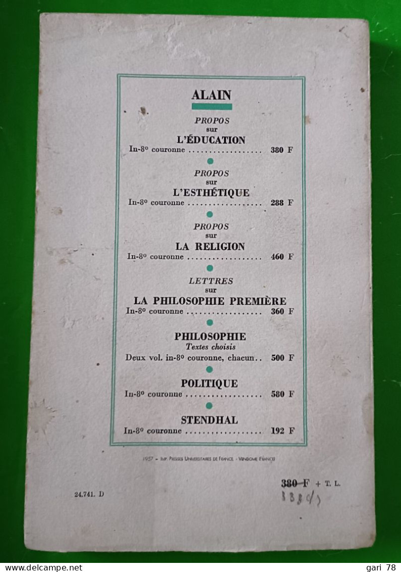 ALAIN  Propos Sur L'éducation - Presses Universitaires De France - Psychologie/Philosophie