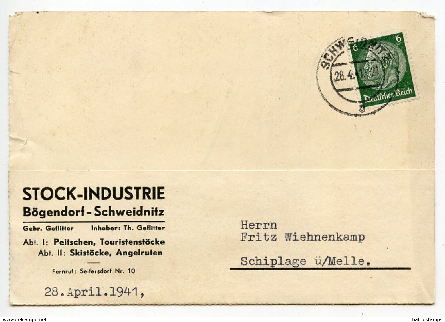 Germany 1941 Postcard; Schweidnitz - Stock-Industrie To Schiplage; 6pf. Hindenburg - Cartas & Documentos