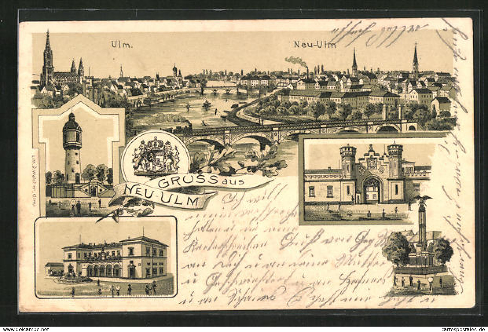 Lithographie Neu-Ulm A.D., Panorama, Kriegerdenkmal & Portal  - Neu-Ulm