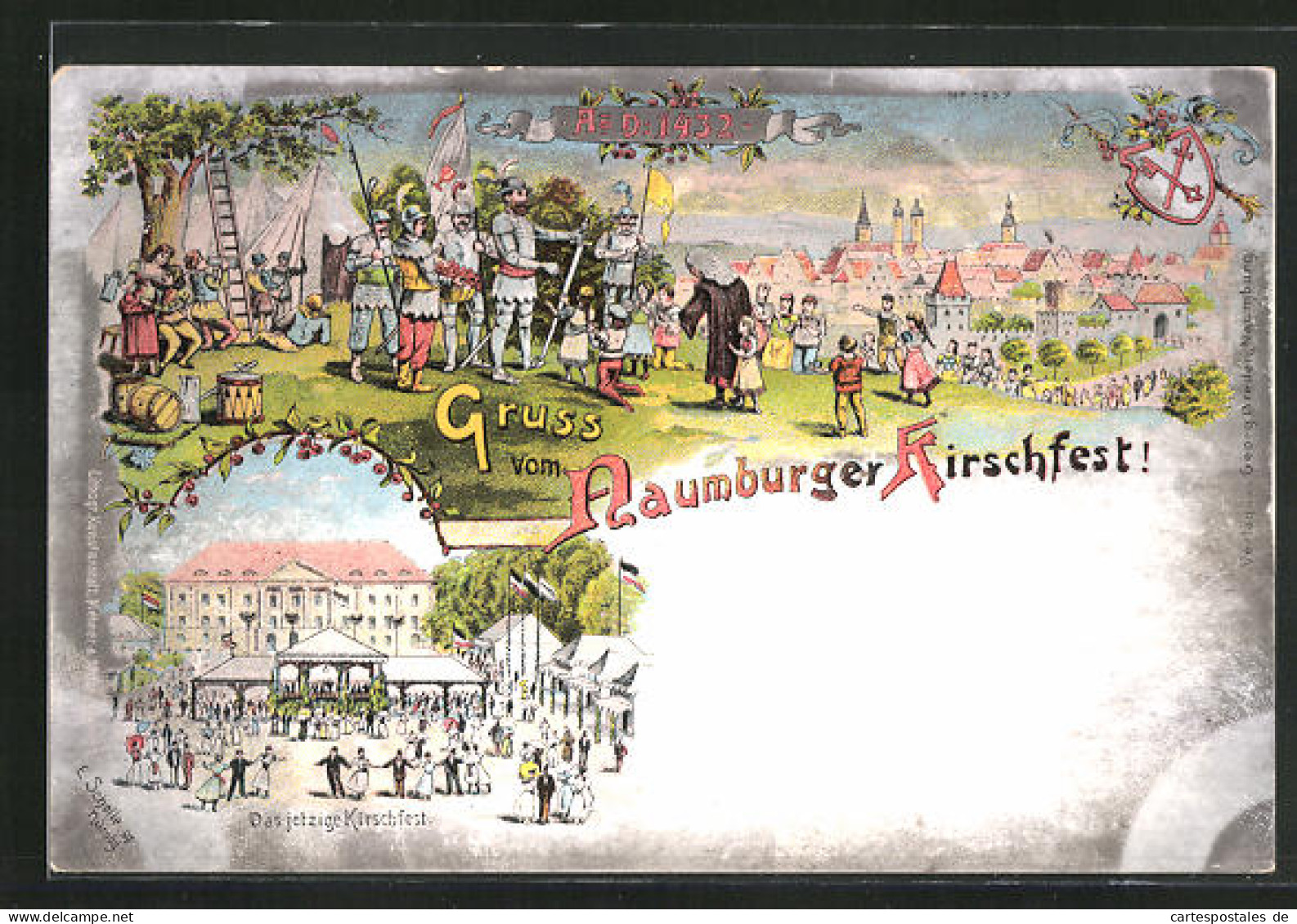 Lithographie Naumburg, Kirschfest Damals Und Jetzt, Gesamtansicht & Tanz Auf Dem Volksfest  - Sonstige & Ohne Zuordnung