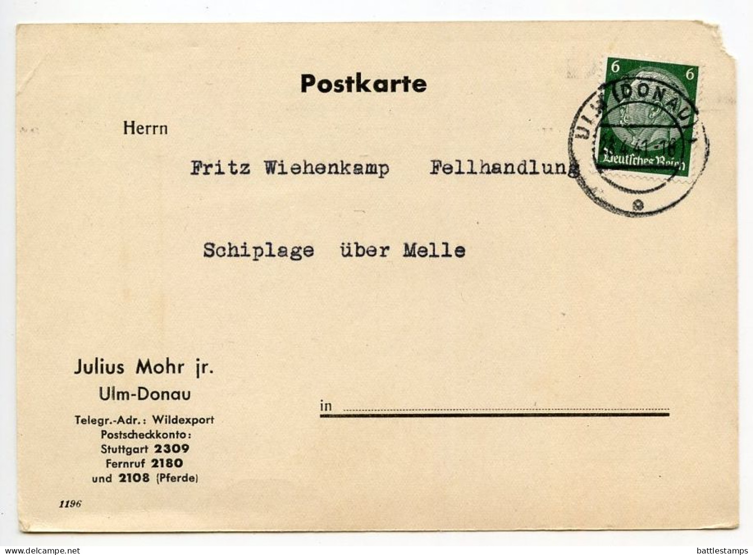Germany 1941 Postcard; Ulm (Donau) - Julius Mohr Jr. To Schiplage; 6pf. Hindenburg - Cartas & Documentos