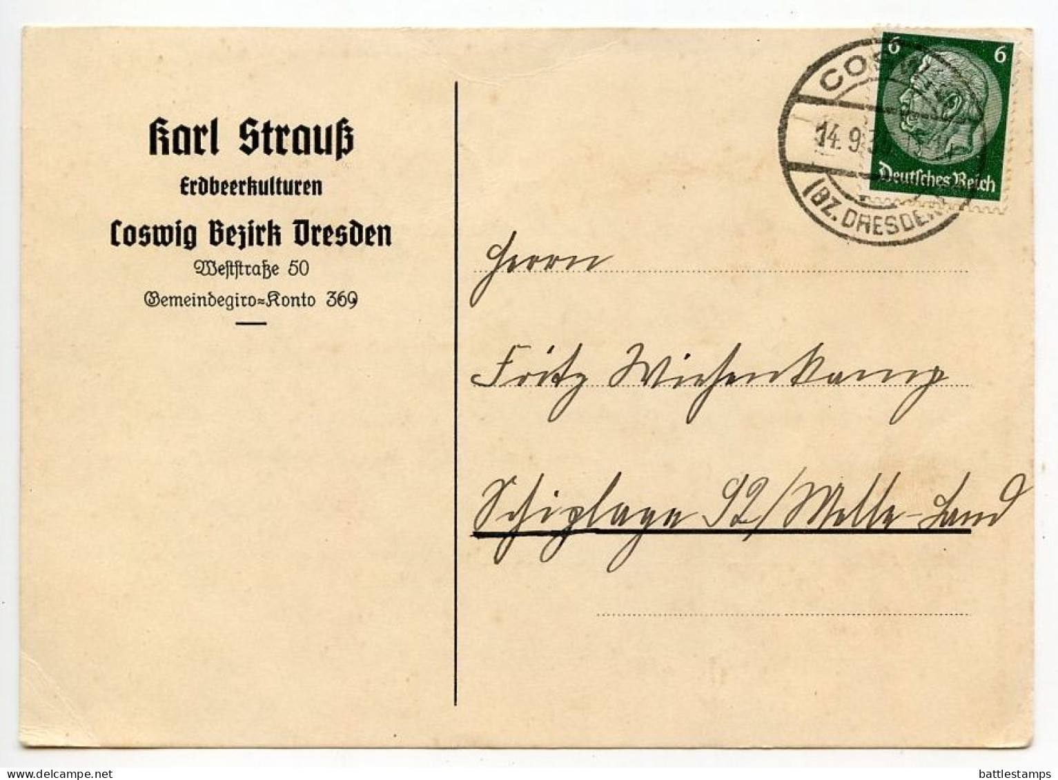 Germany 1935 Postcard; Coswig (Bz. Dresen) - Karl Stauß, Erdbeerkulturen To Schiplage; 6pf. Hindenburg - Cartas & Documentos