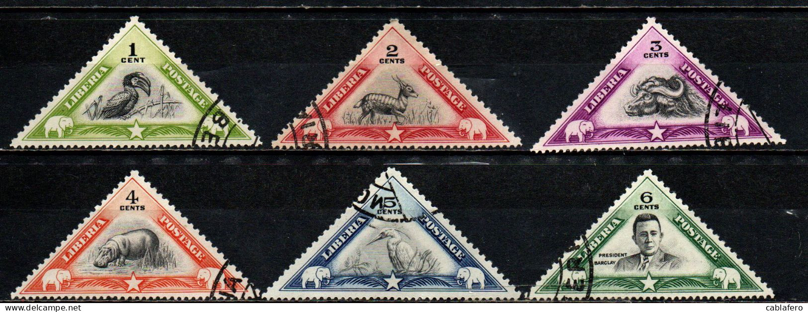 LIBERIA - 1937 - Hornbill, Bushbuck, West African Dwarf Buffalo, Pygmy Hippopotamus Lesser Egret, Pres. E. J.- USATI - Liberia