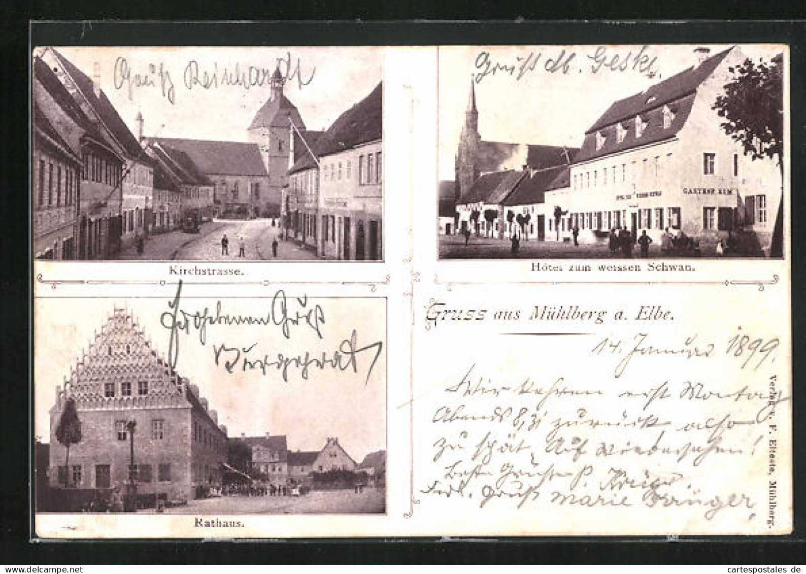 AK Mühlberg A. Elbe, Hotel Zum Weissen Schwan, Kirchstrasse Und Rathaus  - Muehlberg