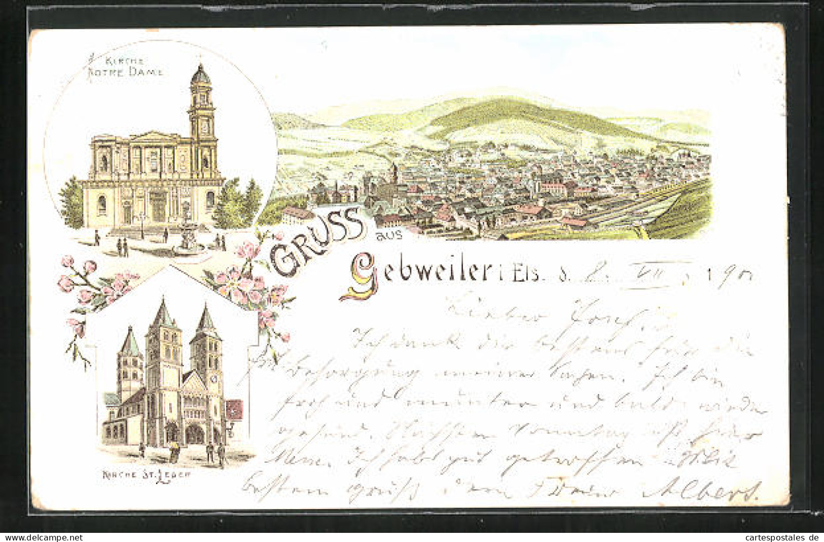 Lithographie Gebweiler, Vue Générale, L'Église Notre-Dame, L'Église St. Leger  - Sonstige & Ohne Zuordnung