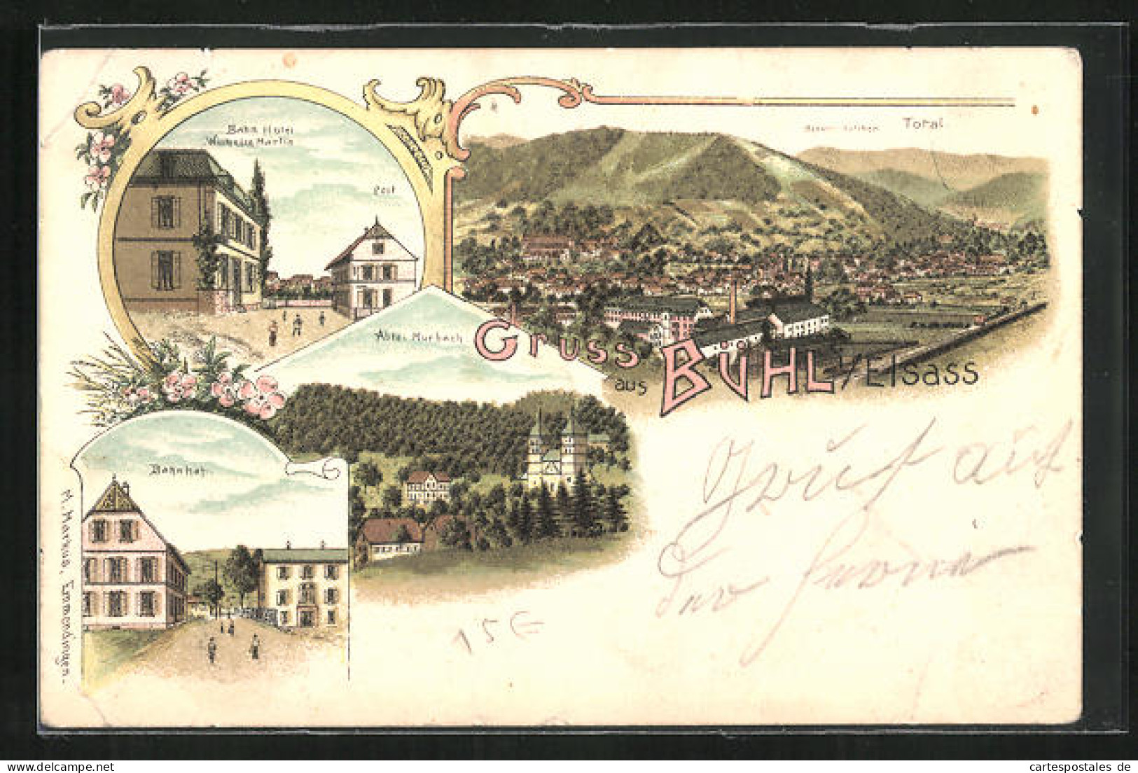 Lithographie Bühl, Bahn Hotel Wilhelm Martin, Vue Générale, La Gare, Abtei Murbach  - Murbach