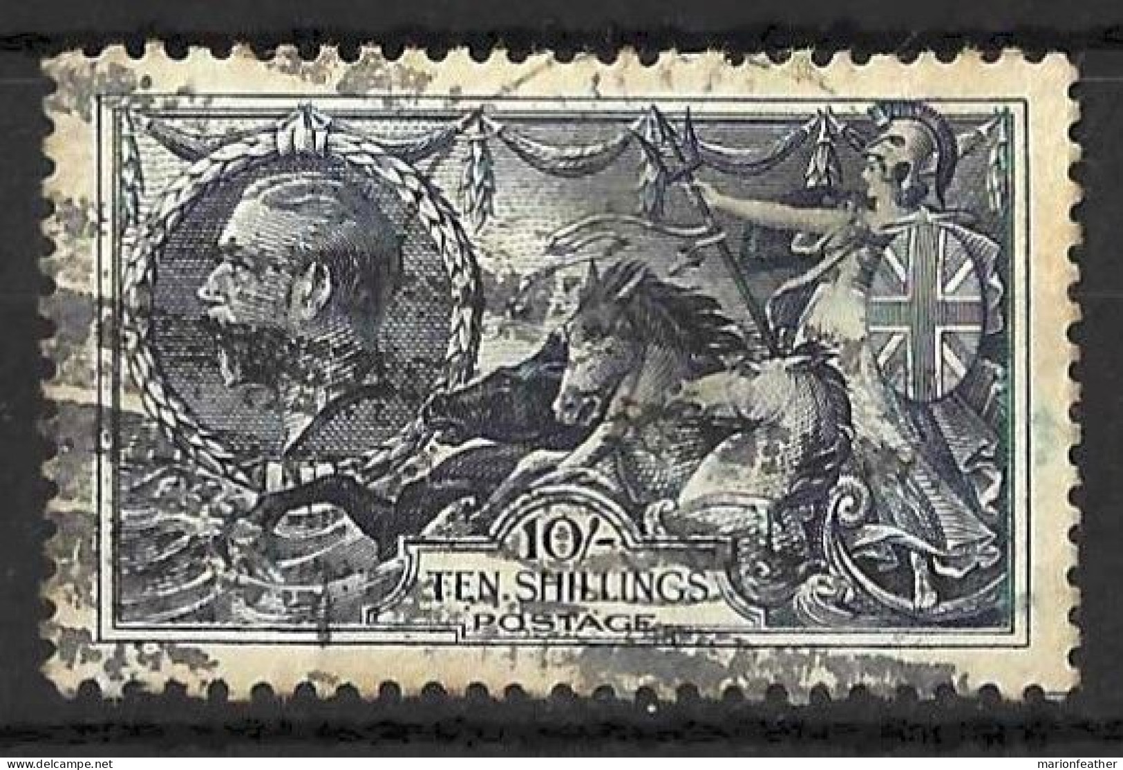 GB  ..KING GEORGE V...(1910-36..)..." 1934.."......10/-....SEAHORSE....HAS THIN.....(CAT.VAL.£80..)....USED.... - Used Stamps