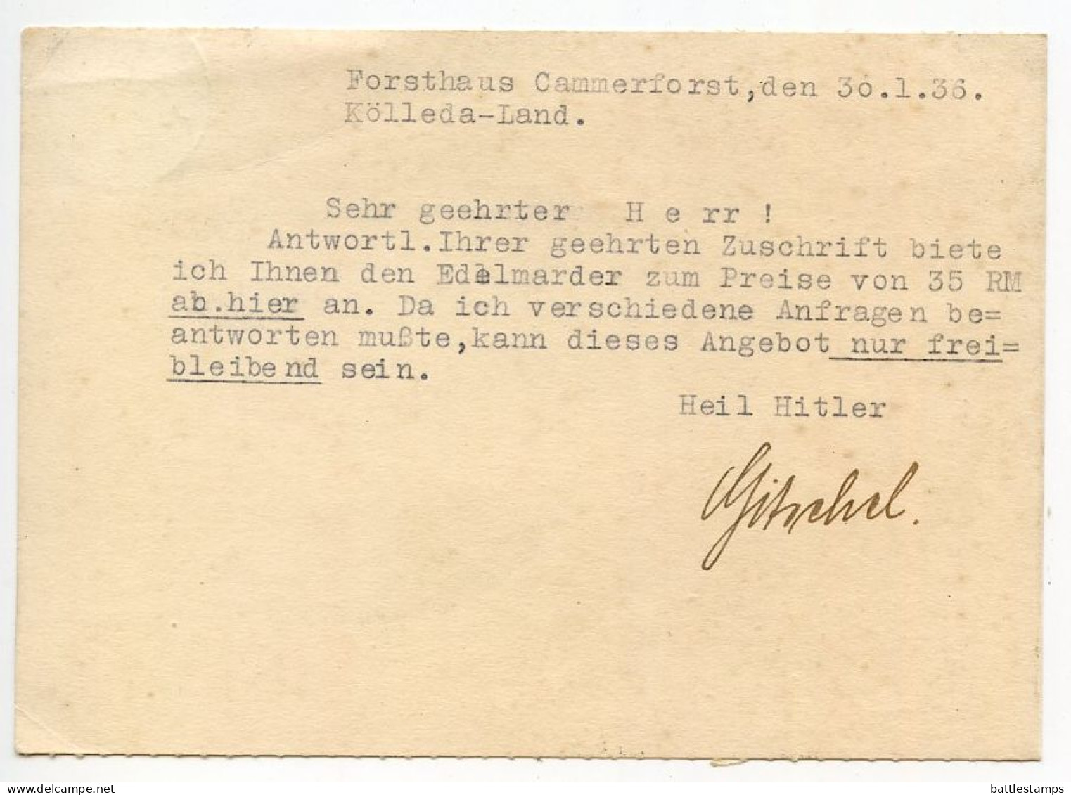 Germany 1936 Postcard; Kölleda-Land - Forsthaus Cammerforst To Schiplage; 6pf. Hindenburg - Covers & Documents