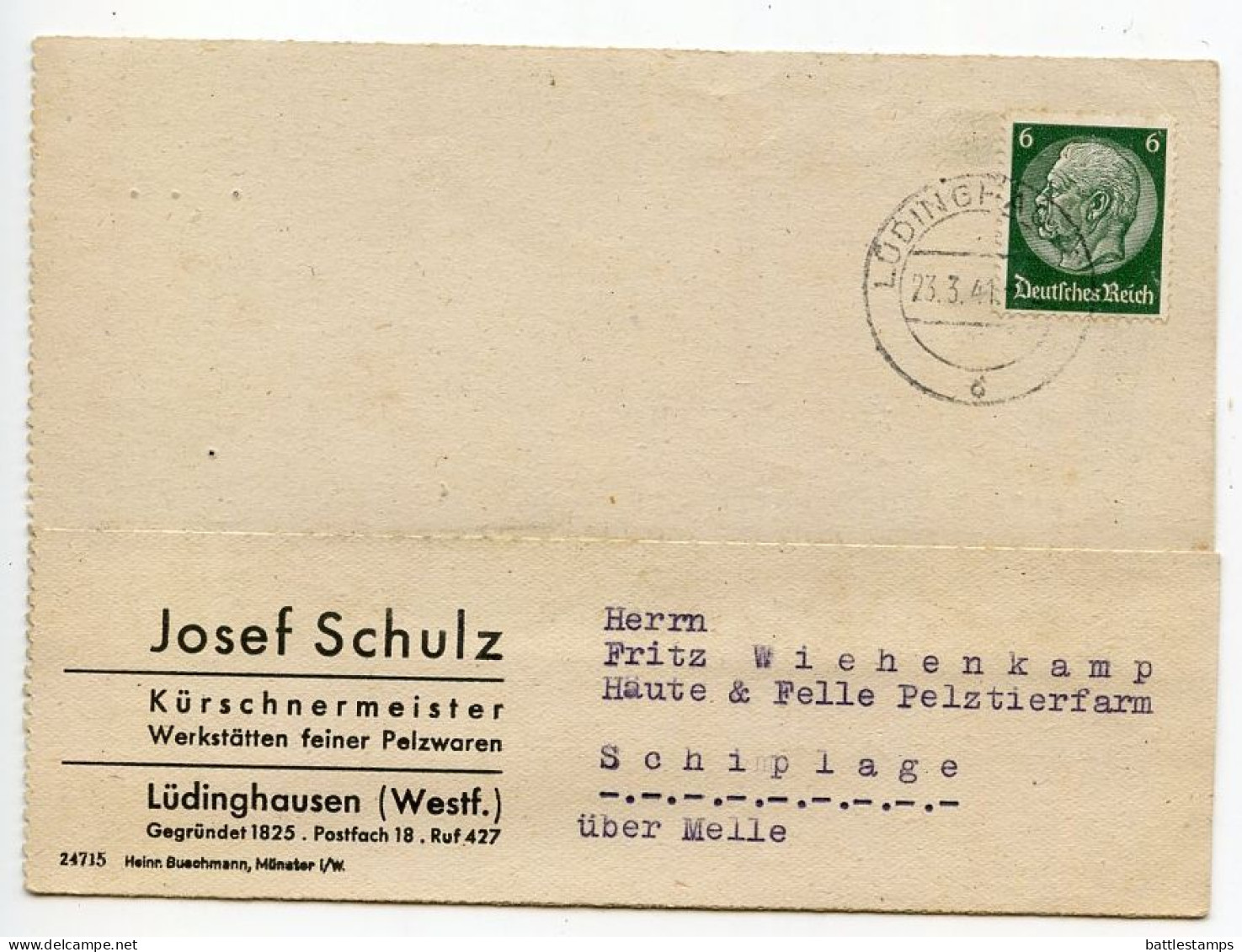 Germany 1941 Postcard; Lüdinghausen - Josef Schulz, Kürschnermeister To Schiplage; 6pf. Hindenburg - Covers & Documents