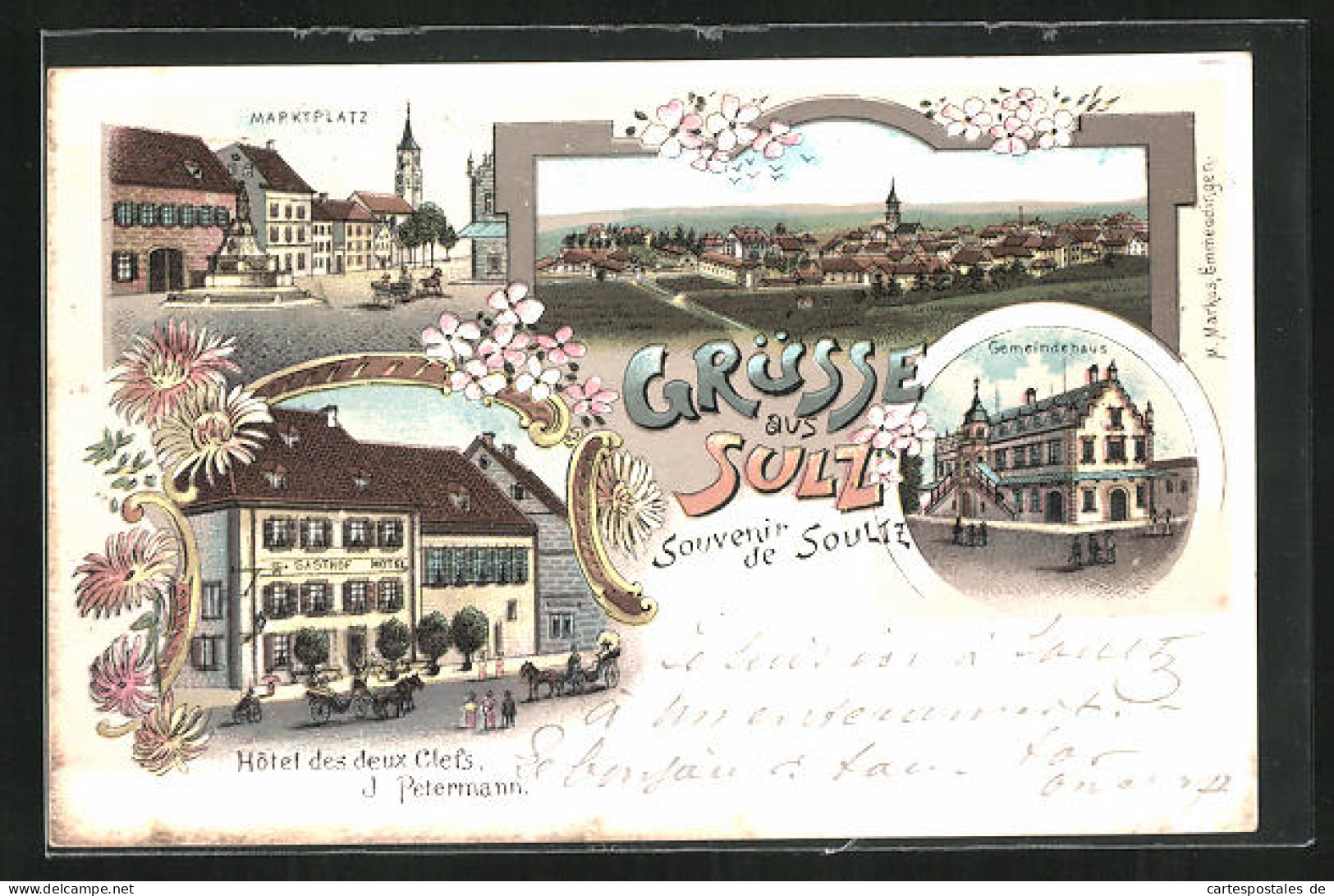 Lithographie Sulz, Hotel Des Deux Clefs, Inhaber J. Petermann, Gemeindehaus, La Place Du Marché  - Autres & Non Classés