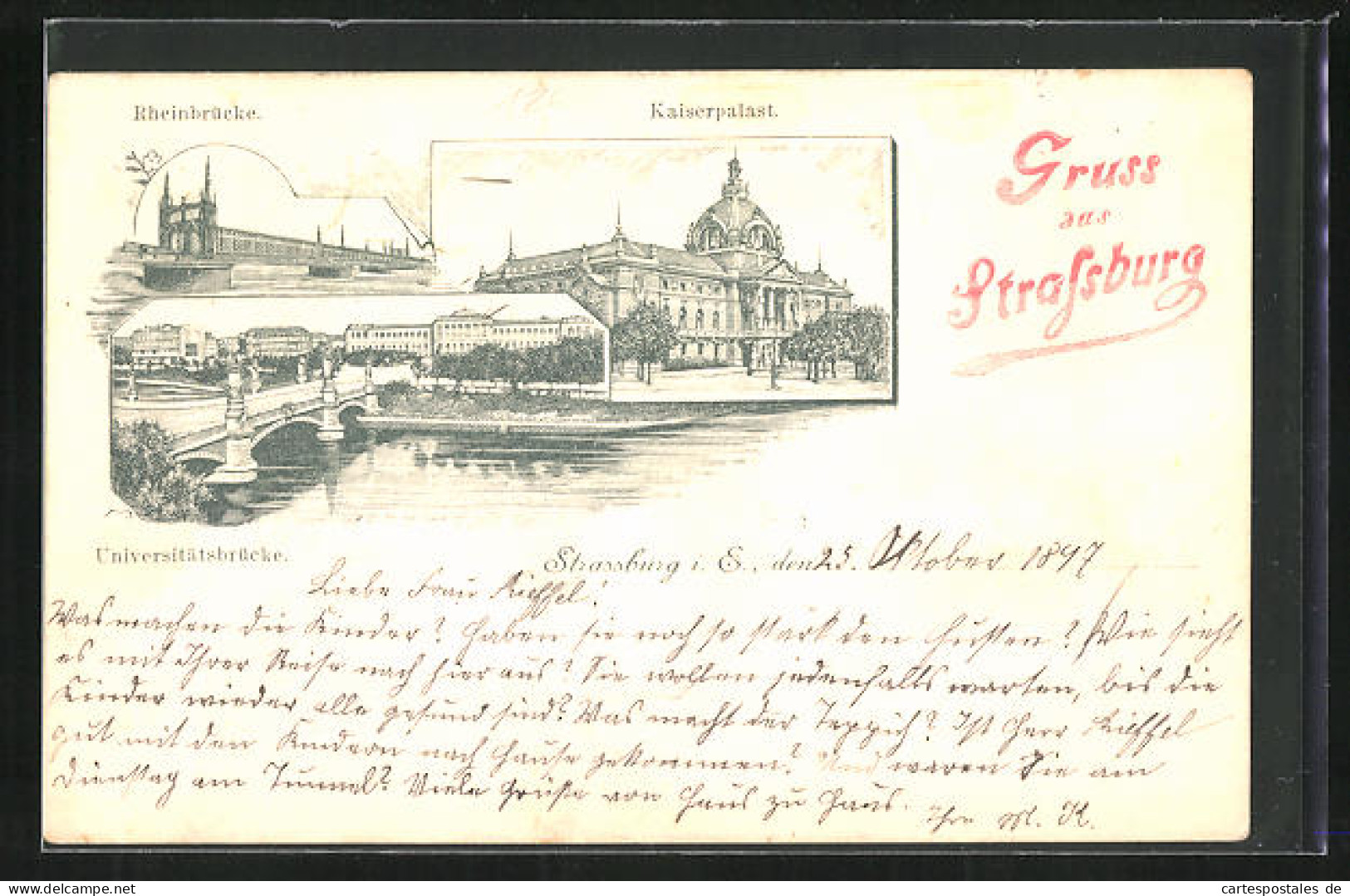 Lithographie Strassburg, Kaiserpalast, Rheinbrücke, Universitätsbrücke  - Other & Unclassified