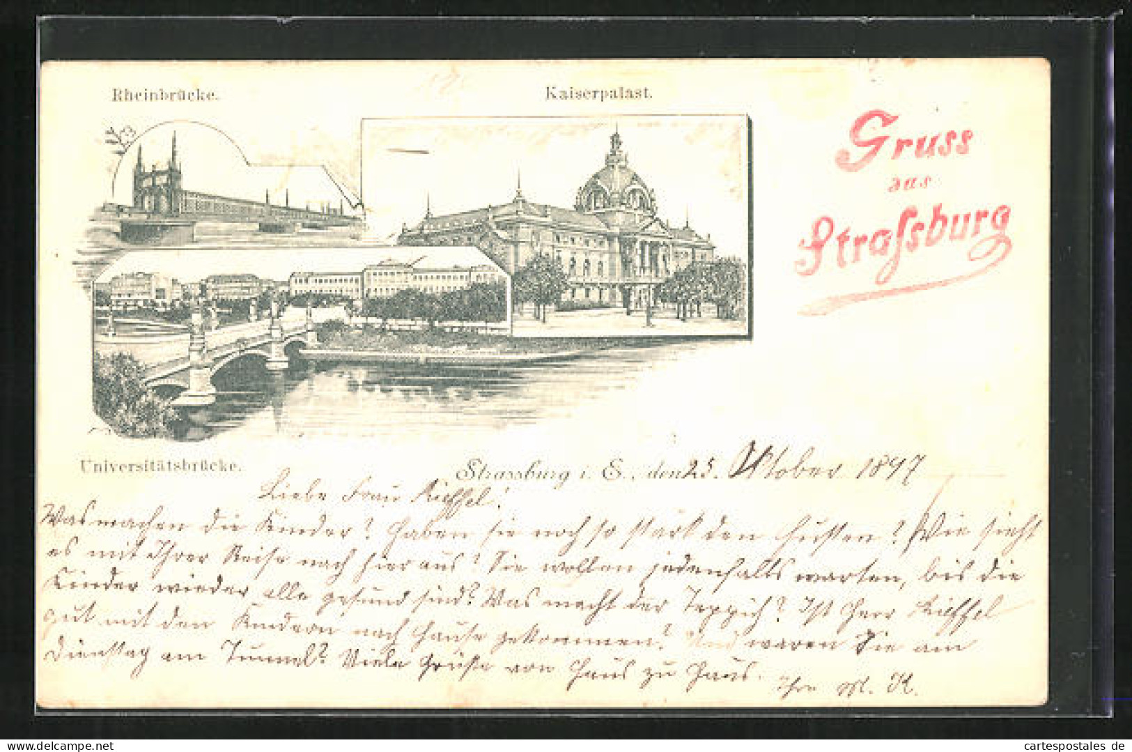 Lithographie Strassburg, Kaiserpalast, Rheinbrücke, Universitätsbrücke  - Autres & Non Classés