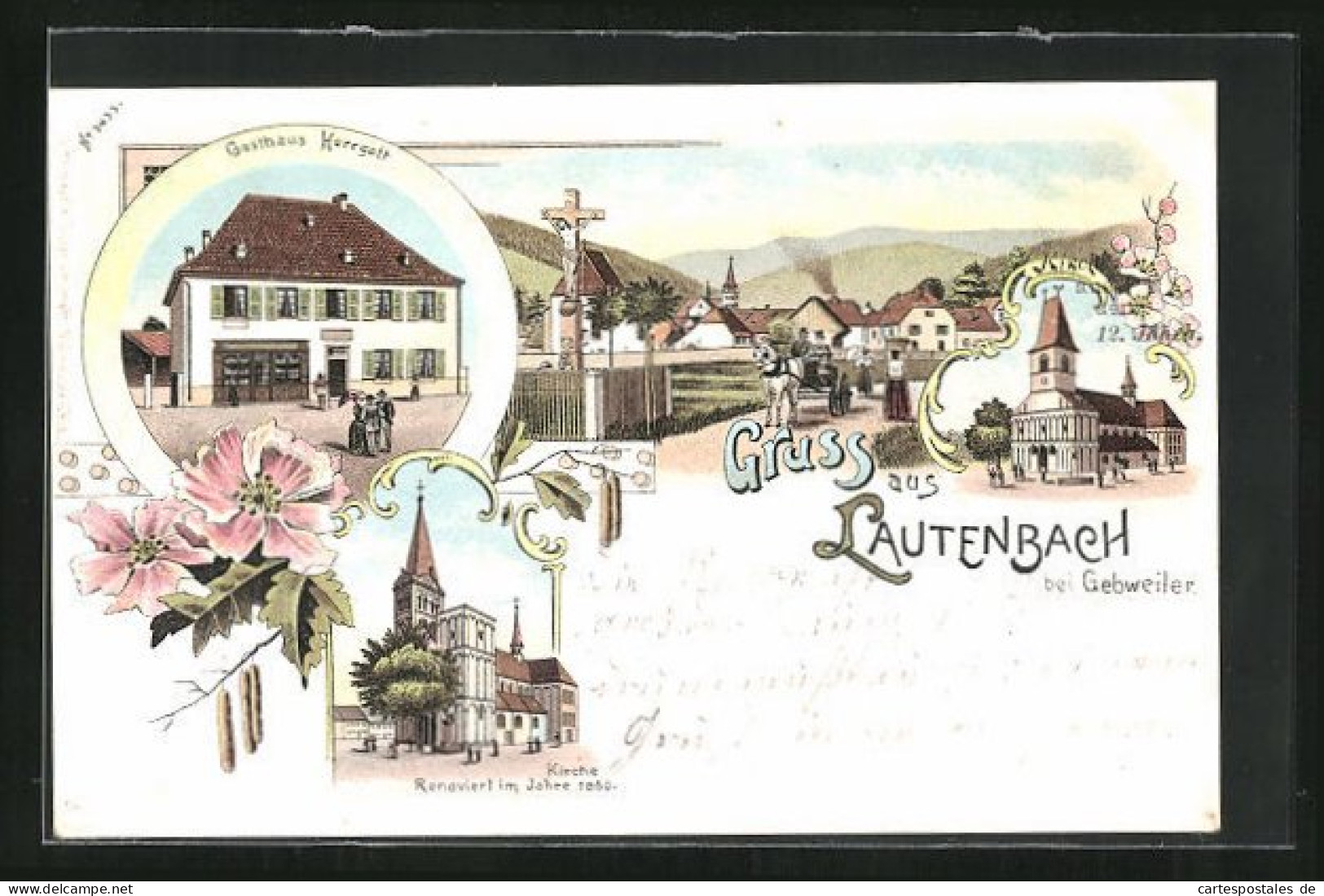Lithographie Lautenbach B. Gebweiler, Gasthaus Herrgott, L'Église, Vue Générale  - Autres & Non Classés