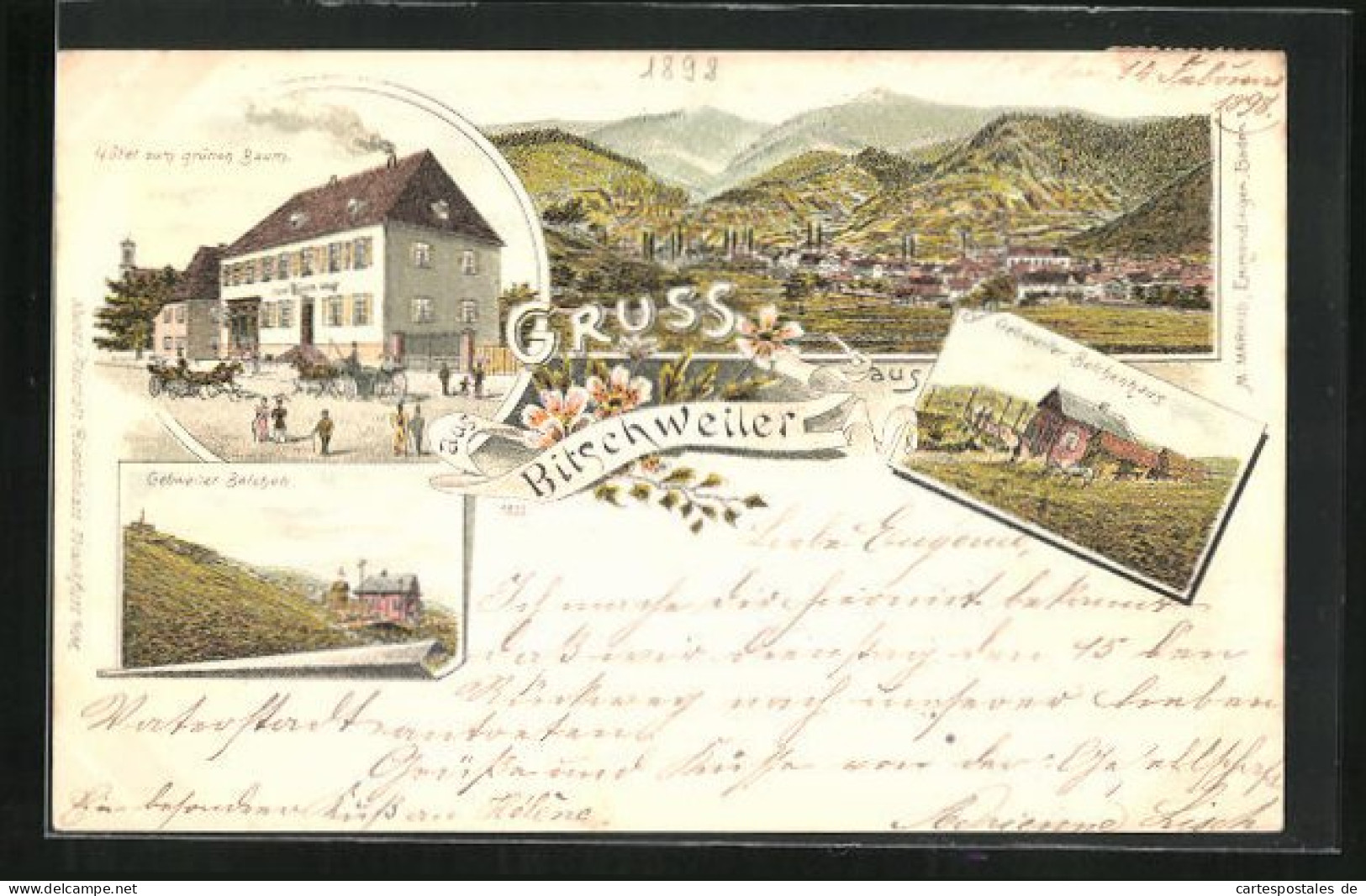 Lithographie Bitschweiler, Hotel Zum Grünen Baum, Belchen, Gebweiler Belchenhaus  - Sonstige & Ohne Zuordnung