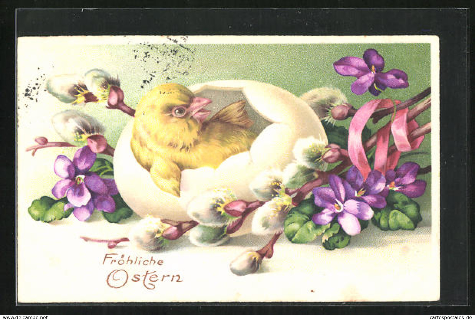 Lithographie Osterküken Im Aufgebrochenen Ei, Weidenkätzchen Und Veilchen  - Easter
