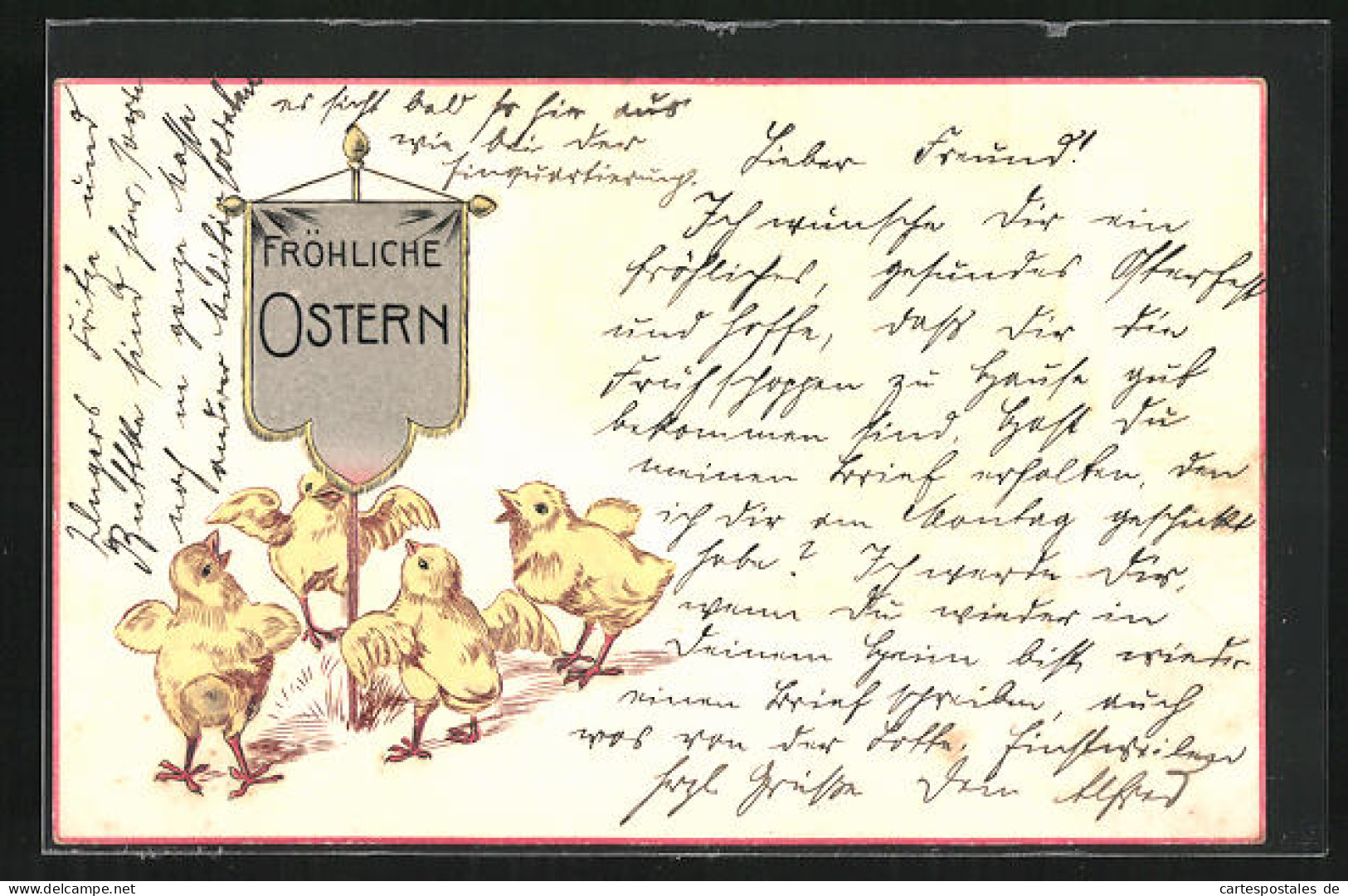 Präge-Lithographie Osterküken Tanzen Um Ein Banner Fröhliche Ostern  - Pâques