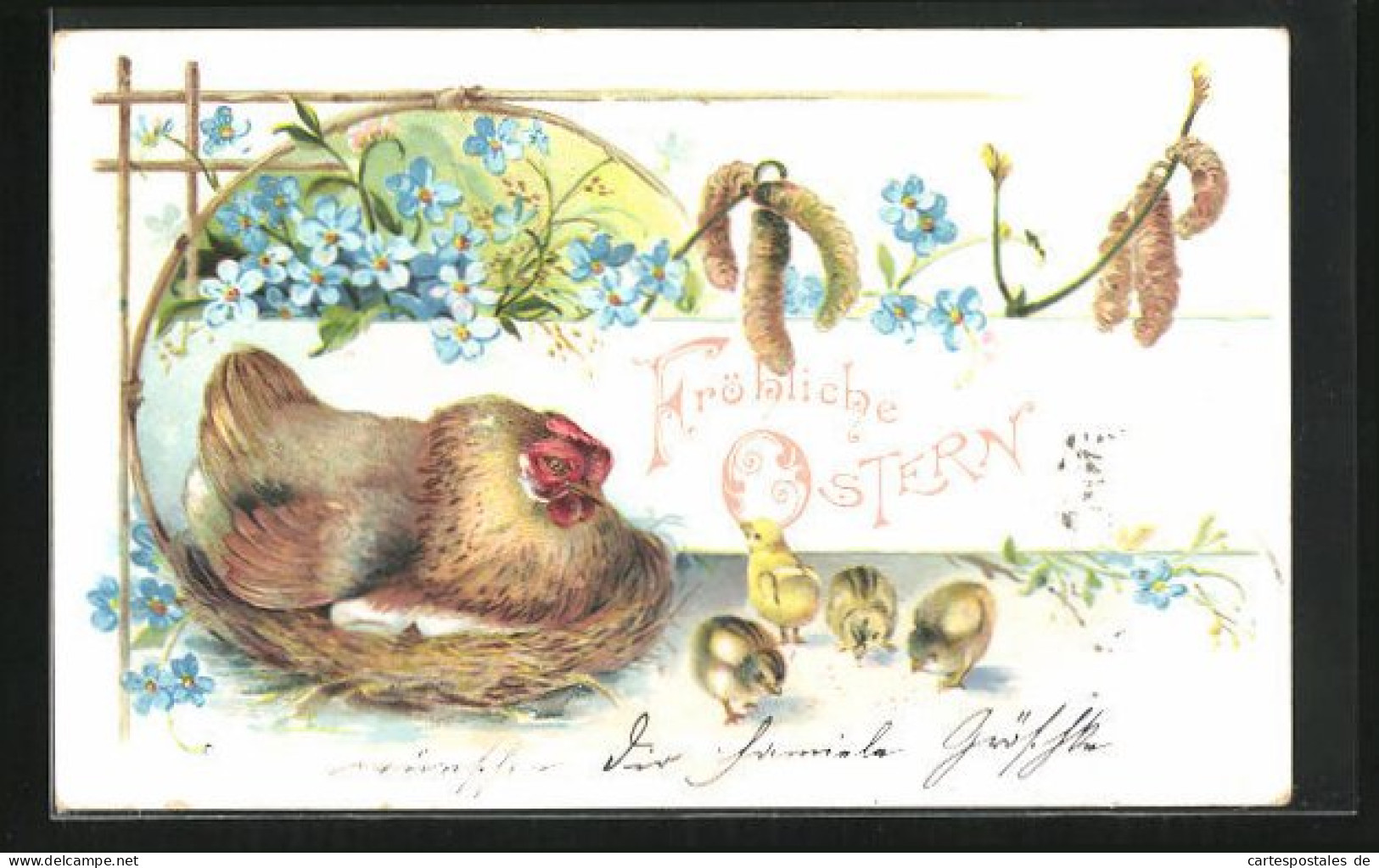 Präge-Lithographie Henne Im Nest Und Frisch Geschlüpfte Osterküken  - Easter