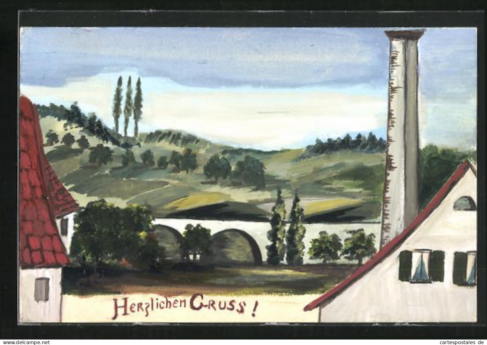 Künstler-AK Handgemalt: Blick Auf Eine Hügelige Landschaft Mit Brücke  - 1900-1949
