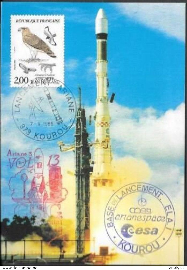 France Kourou Space Maxi Card 1985. Satellite "G-Star" "Telecom 1B" Launch. Ariane V13 - Europe