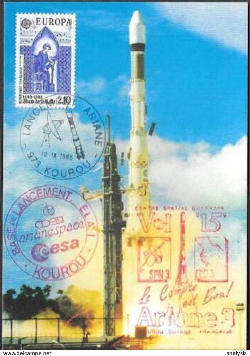 France Kourou Space Maxi Card 1985. Satellite "Eutelsat I F3" "Spacenet 3" Launch. Ariane - Europa