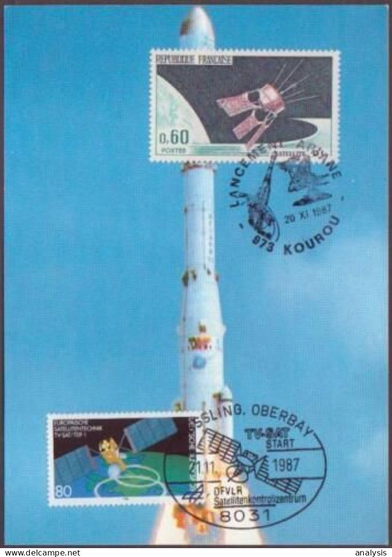 France Kourou Space Maxi Card 1987. Germany Satellite "TV Sat 1" Launch. Ariane - Europe