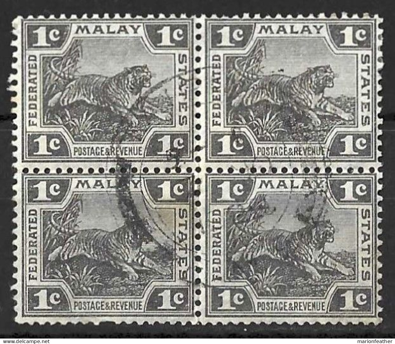 MALAYA.."  F.M.S. "...KING GEORGE..V..(1910-36..)..." 1922.."...TIGER......1c...X BLOCK OF 4.....SG53.......CDS....USED. - Federated Malay States