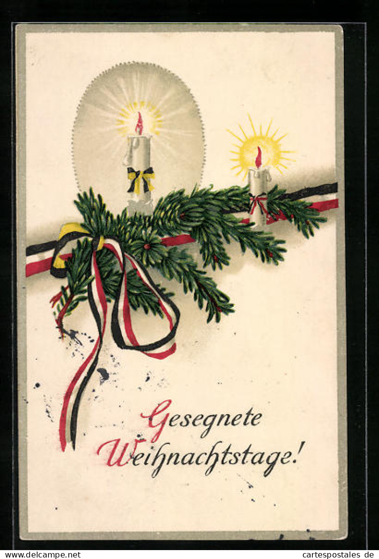 AK Gesegnete Weihnachtstage, Tannenzweig Mit Kerzen Und Reichsfahnenband  - Oorlog 1914-18