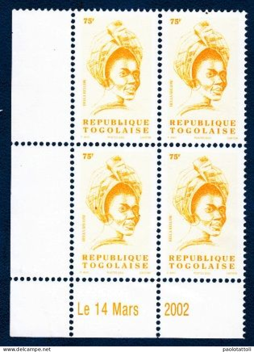 Togo,2002- Bella Bellow , 75F- Quatrein, Angle Of Sheet. New NH - Togo (1960-...)