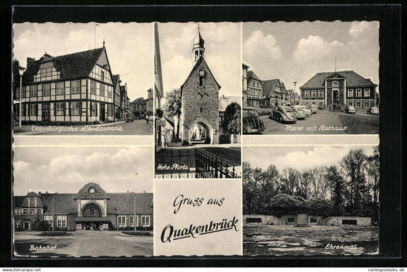AK Quakenbrück, Bahnhof, Oldenburgische Landesbank, Hohe Pforte, Markt Mit Rathaus, Ehrenmal  - Quakenbrueck
