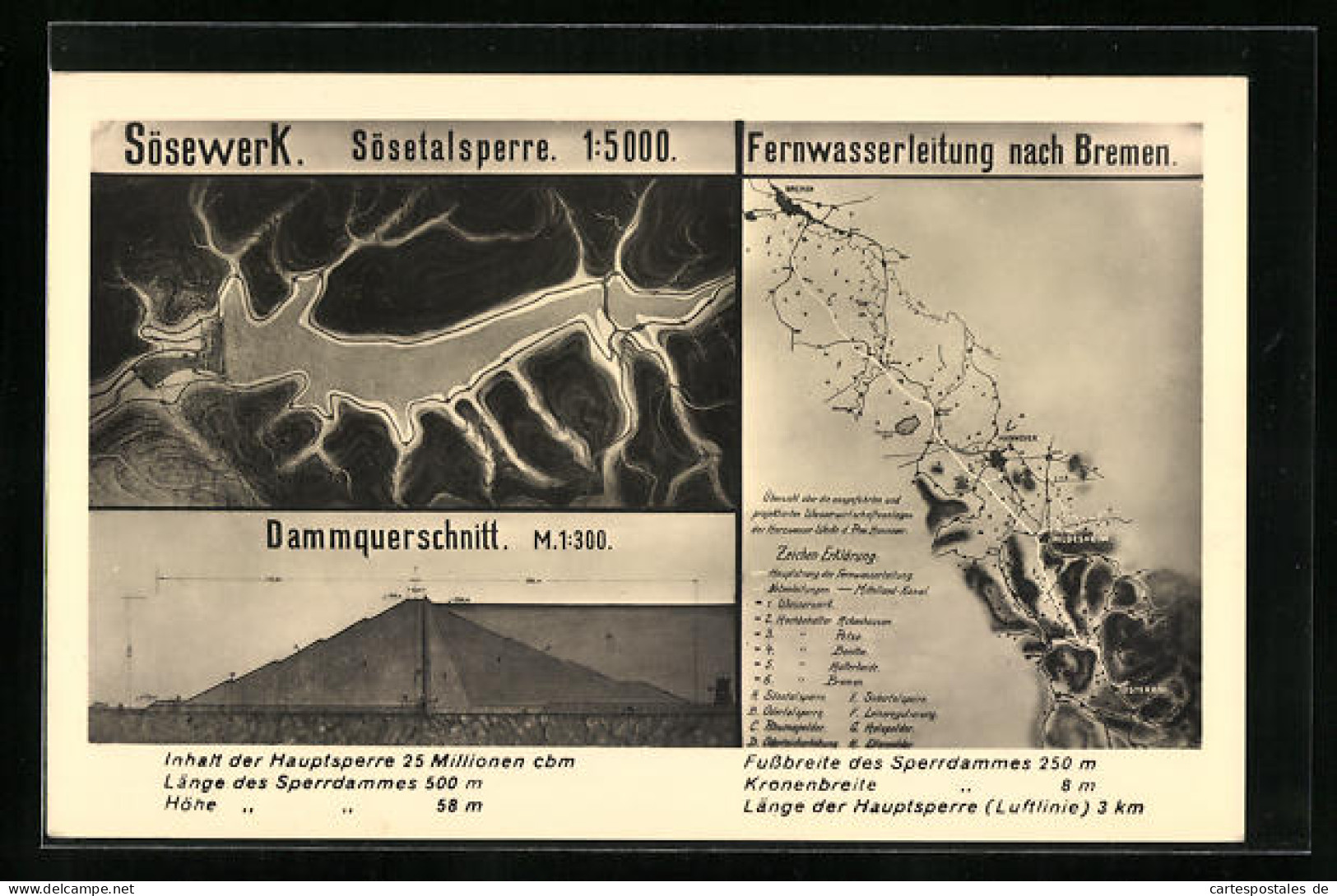 AK Osterode Am Harz, Karte Mit Sösetalsperre, Dammquerschnitt Und Fernwasserleitung Nach Bremen  - Osterode