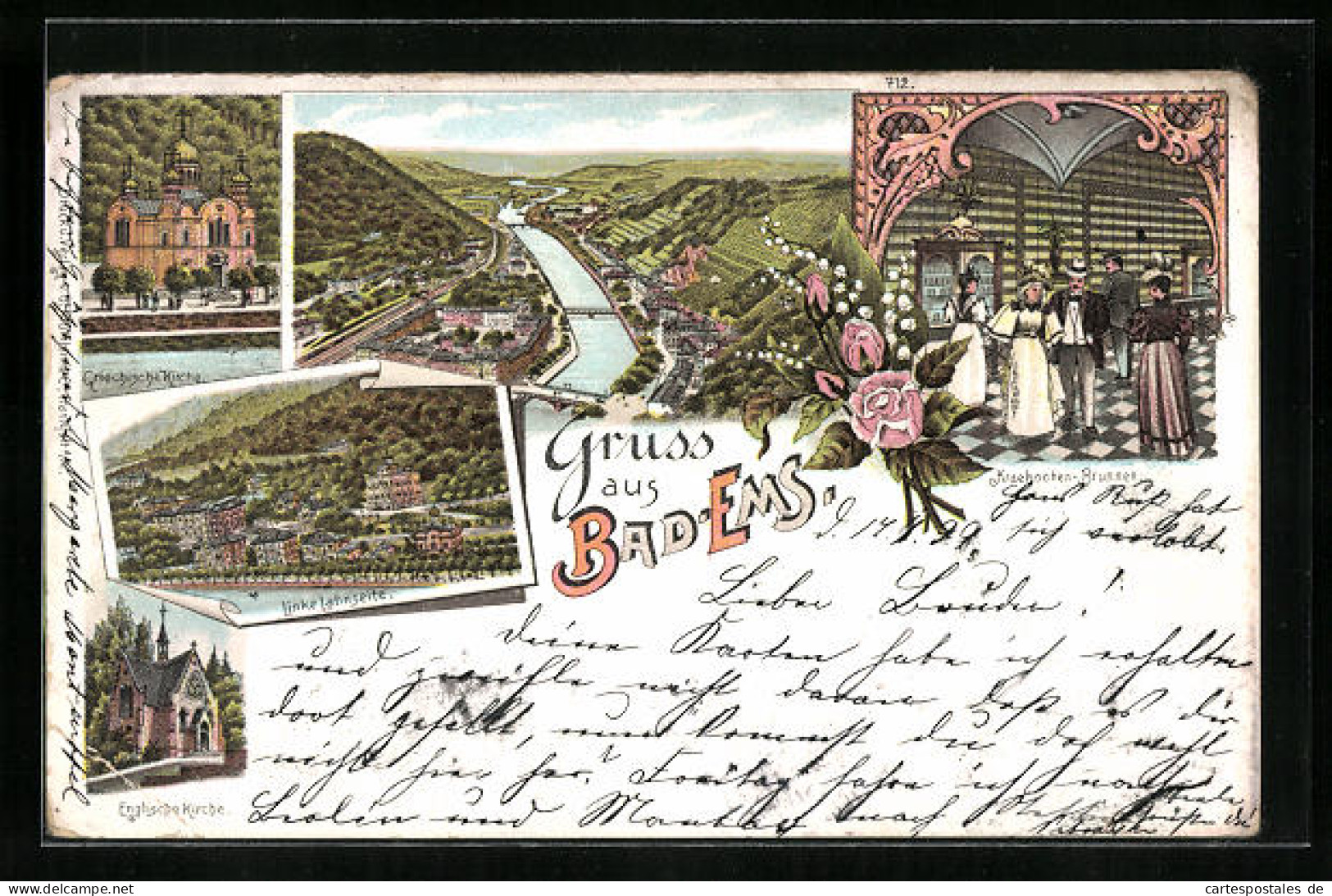 Lithographie Bad Ems, Griechische Kirche, Kaehnchen-Brunnen, Englische Kirche  - Bad Ems