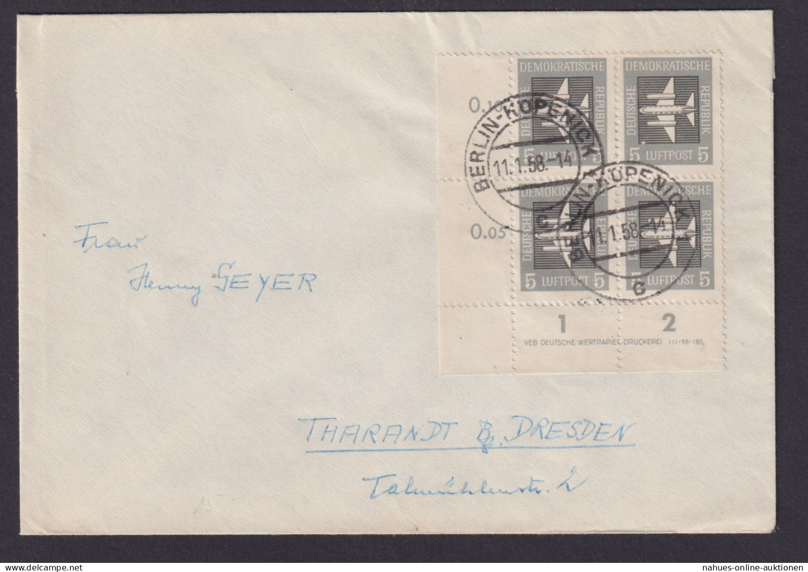 Flugpost DDR Brief MEF 609 Viererblock Druckvermerk Bogenecke Eckrand Köpenick - Storia Postale