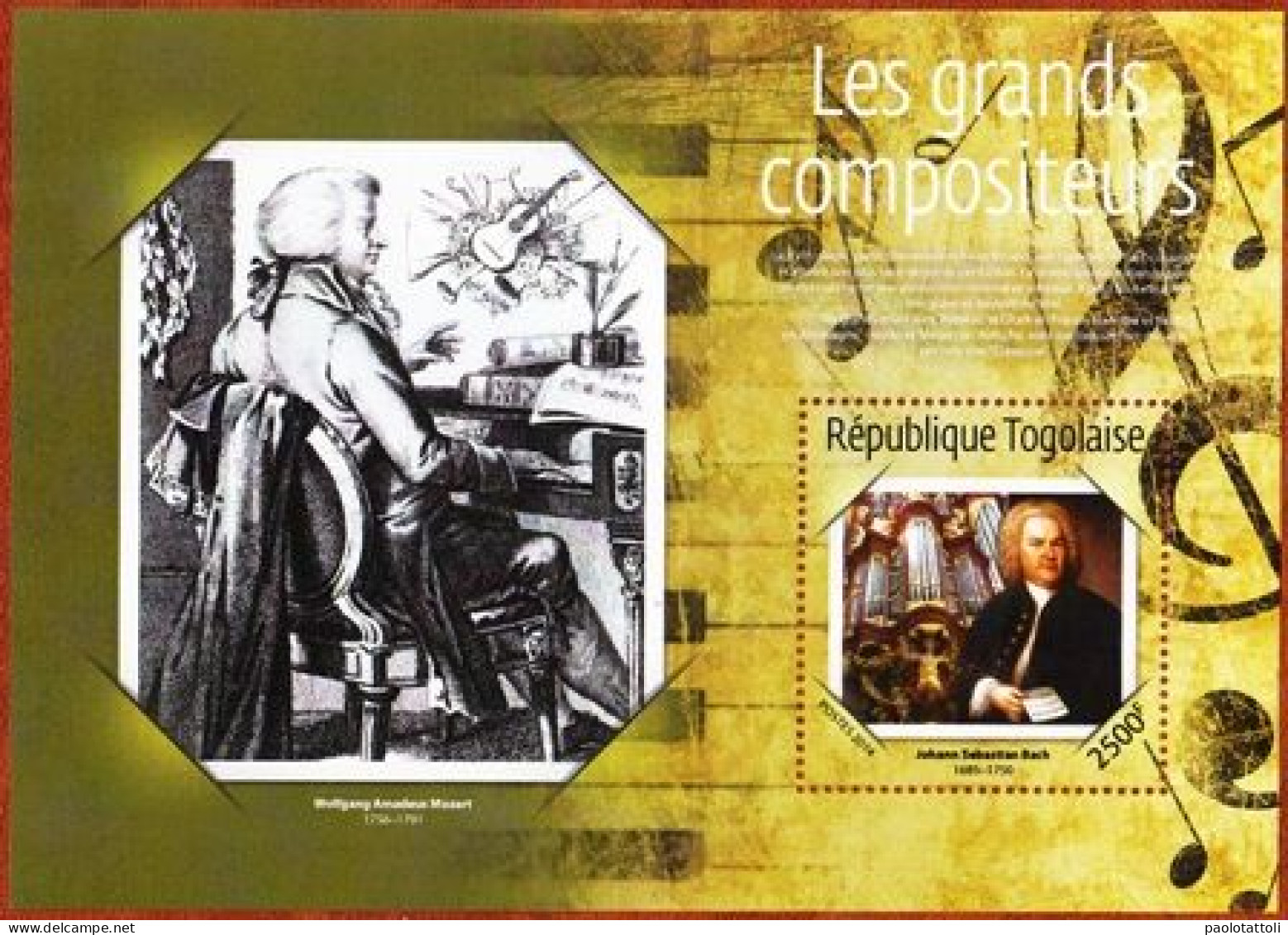 Togo,2014- Les Grands Compositeurs Johann Sebastian Bach, 2500F- Block New NH - Musique