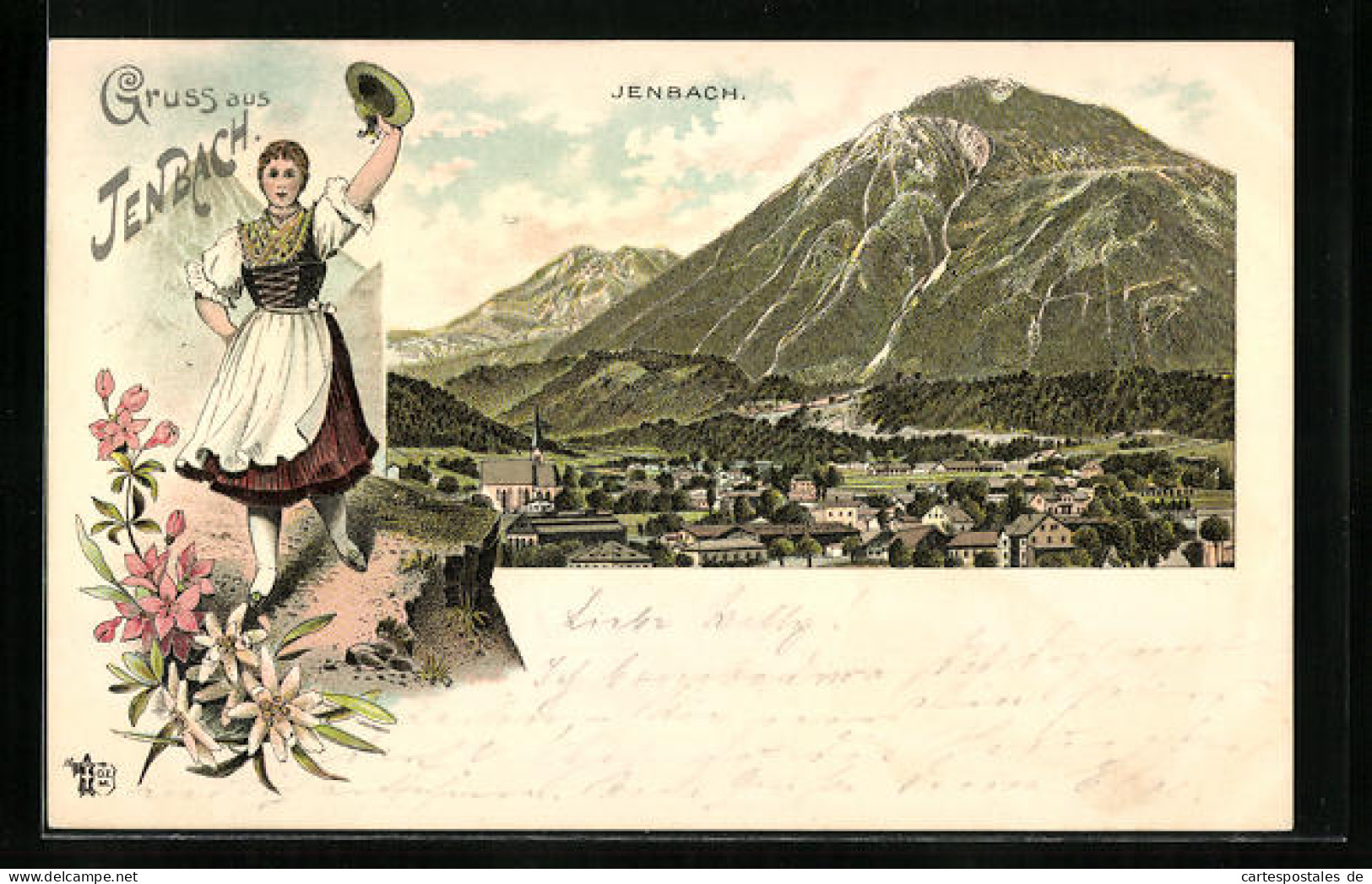 Lithographie Jenbach, Panorama Mit Bergmassiv  - Sonstige & Ohne Zuordnung