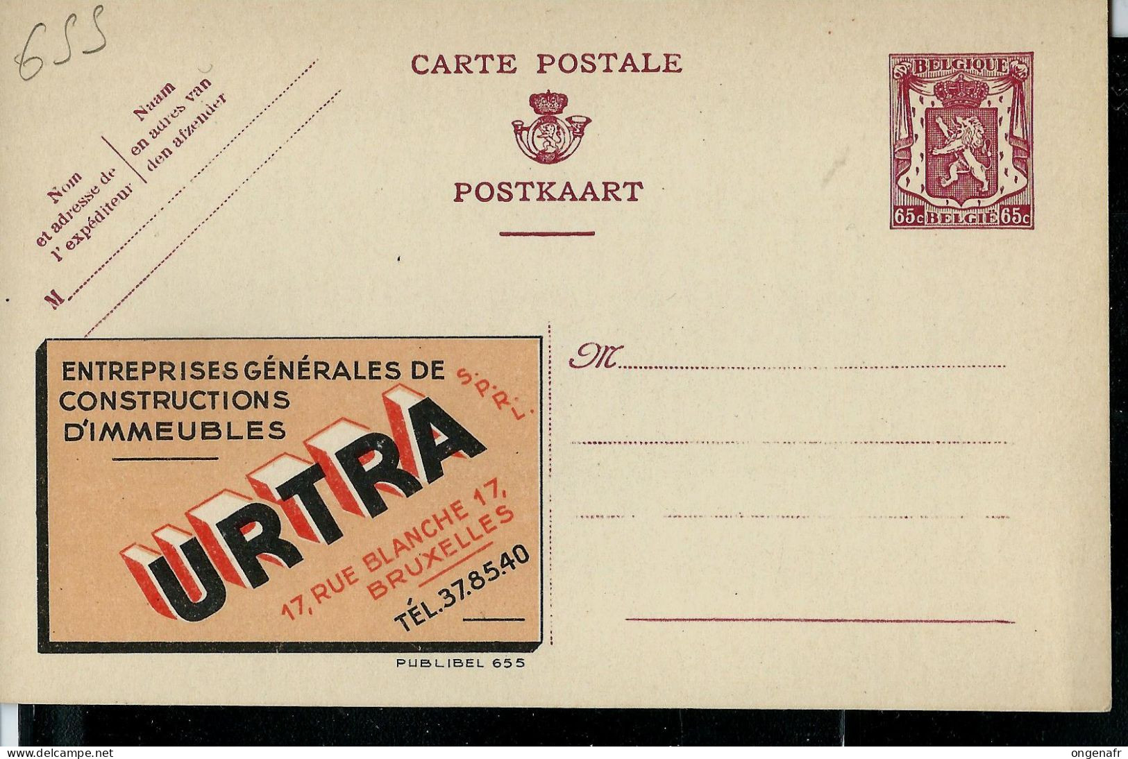 Publibel Neuve N° 655 ( Ent. De Construction URTRA - Bruxelles ) - Werbepostkarten