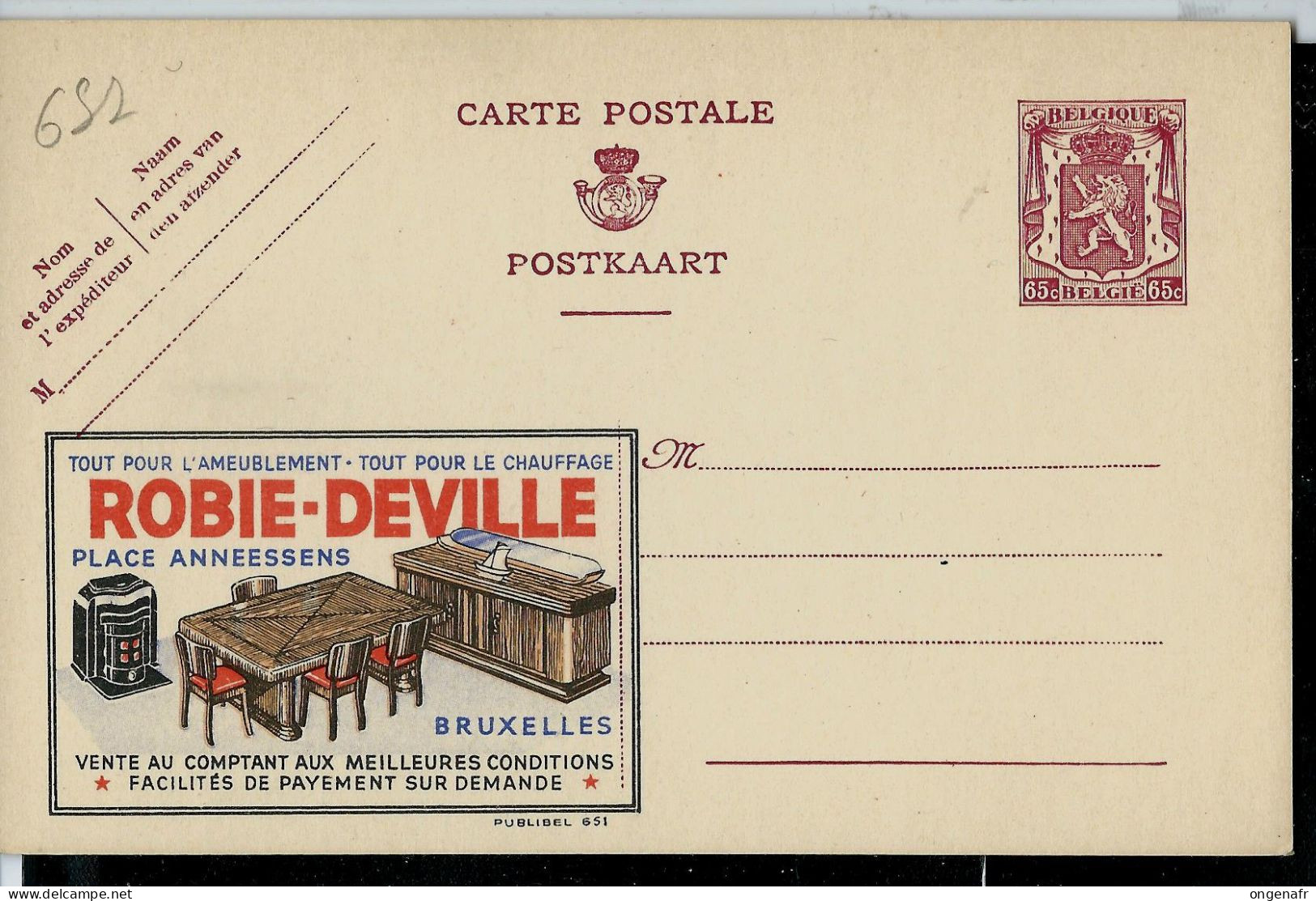 Publibel Neuve N° 651 ( ROBIE - DEVILLE - Meubles - Chauffage ) - Werbepostkarten