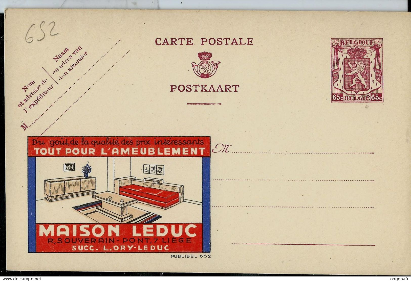 Publibel Neuve N° 652 ( Maison LEDUC - Meubles - Liège) - Werbepostkarten