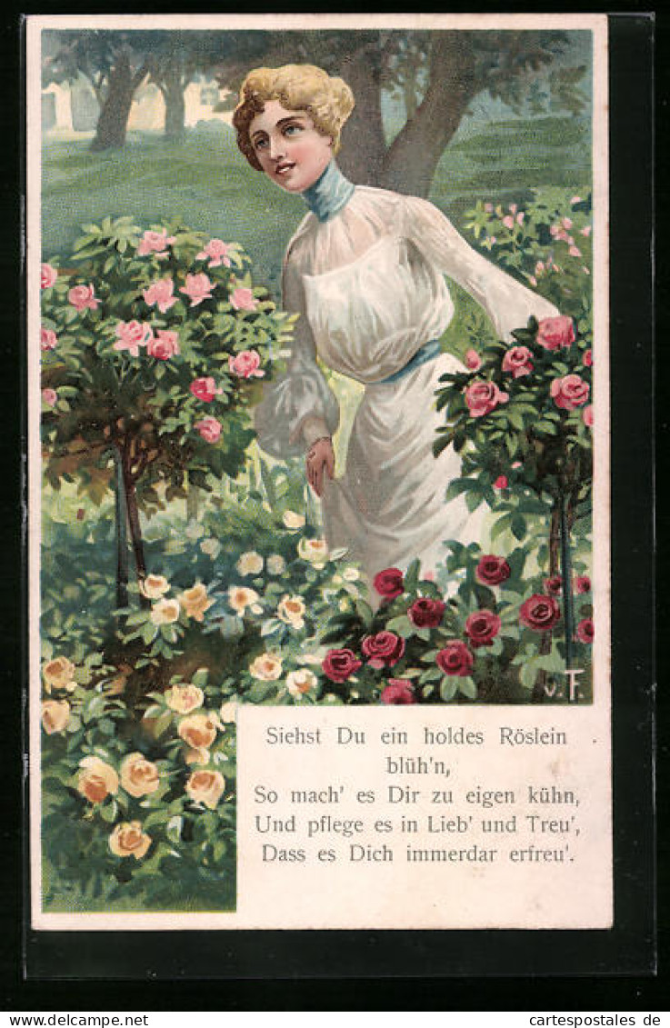 Künstler-AK Dame Mit Weissen Kleid Im Rosengarten  - Otros & Sin Clasificación