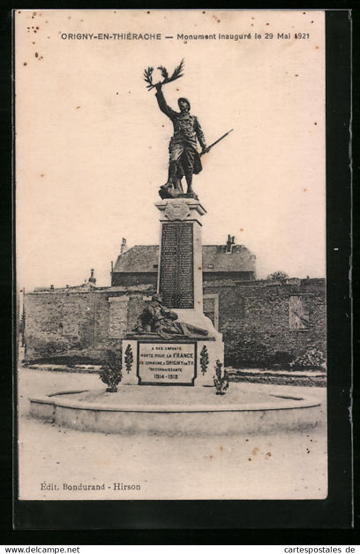 CPA Origny-en-Thiérache, Monument Inauguré Le 29 Mai 1921  - Other & Unclassified