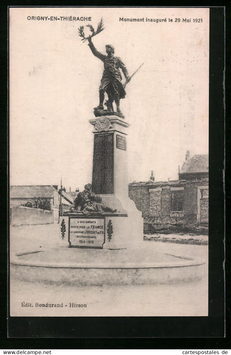 CPA Origny-en-Thiérache, Monument Inauguré Le 29 Mai 1921  - Sonstige & Ohne Zuordnung