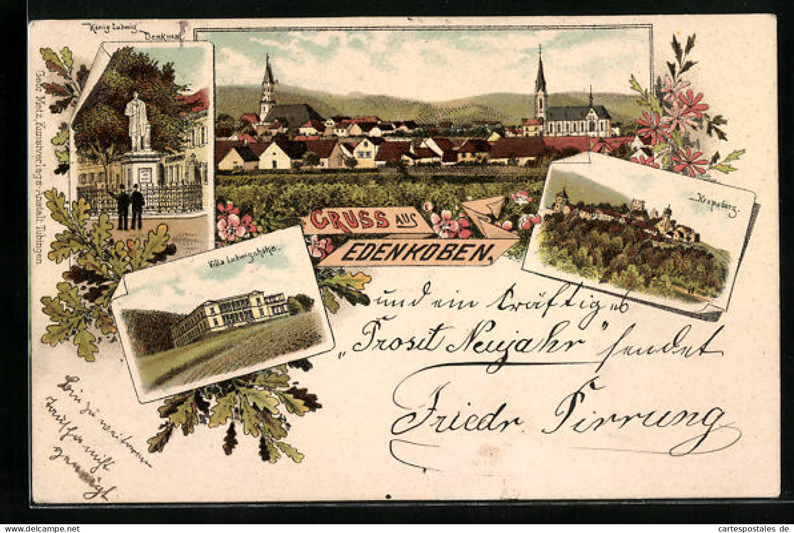 Lithographie Edenkoben, Villa Ludwigshöhe, Kropsburg, Ortsansicht  - Edenkoben