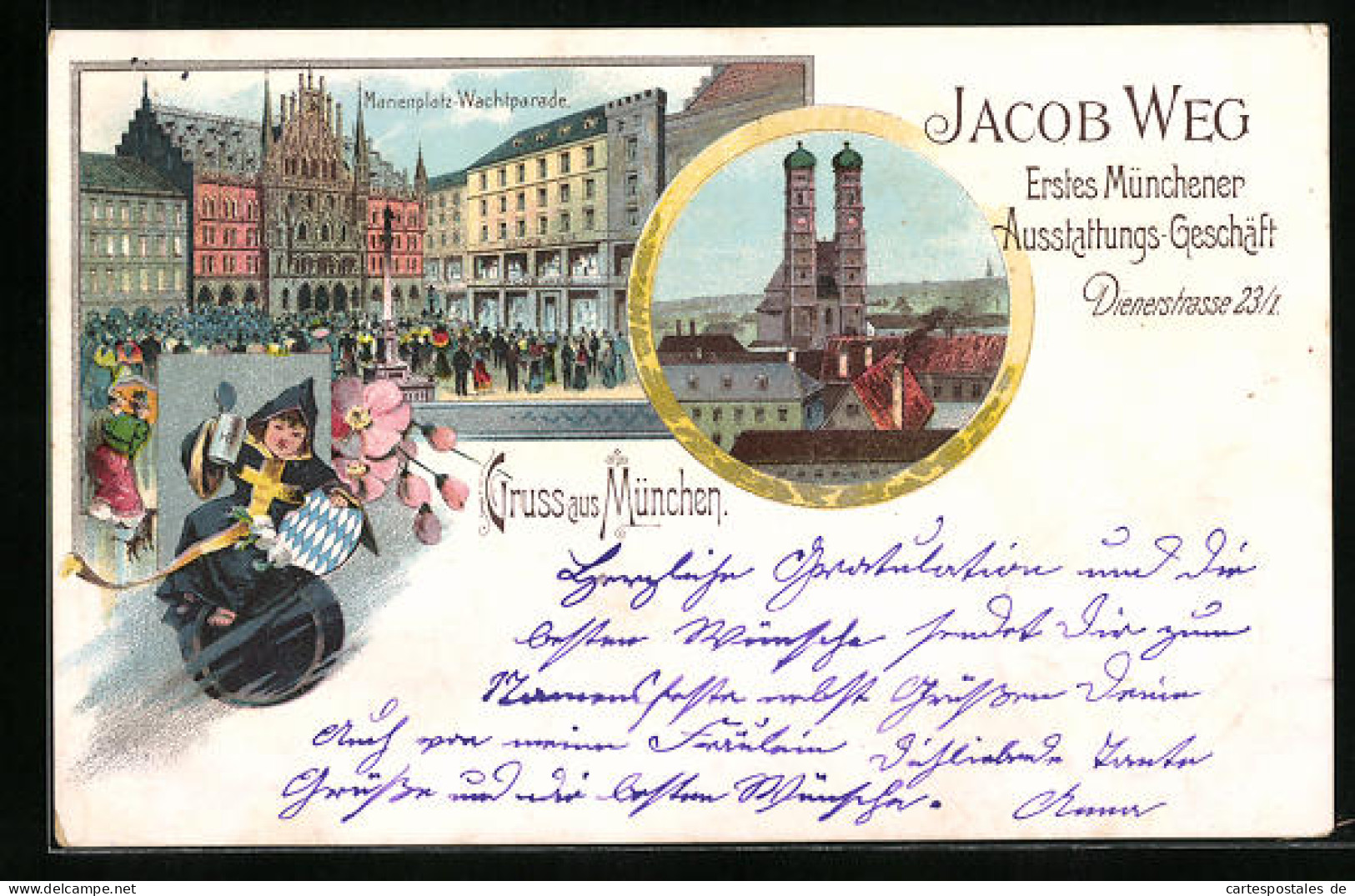 Lithographie München, Marienplatz Mit Geschäft Jacob Weg - Wachtparade, Frauenkirche, Münchener Kindl  - Muenchen
