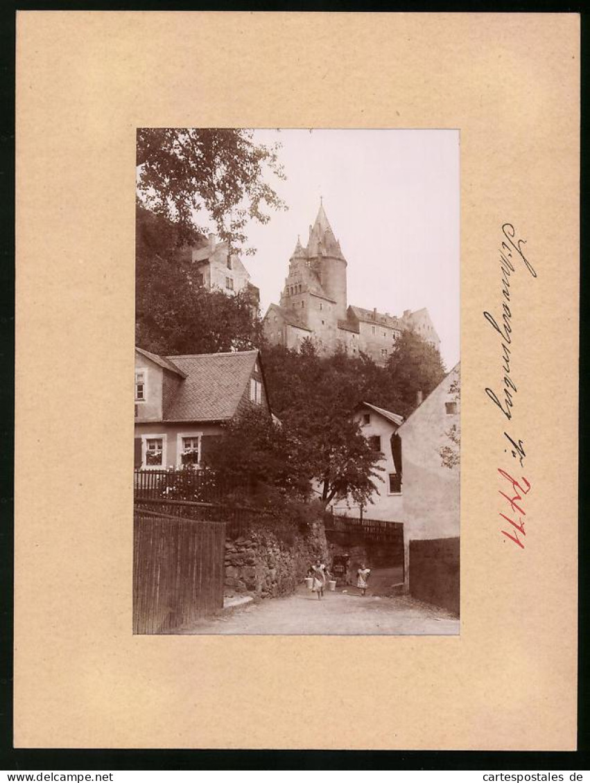 Fotografie Brück & Sohn Meissen, Ansicht Schwarzenberg I. Erzg., Mädchen Mit Wassereimern, Blick Zum Schloss  - Plaatsen