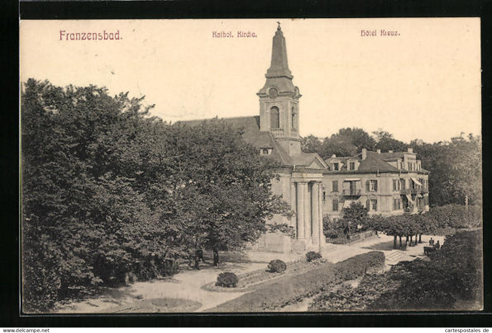 AK Franzensbad, Katholische Kirche Und Hotel Kreuz  - Tchéquie
