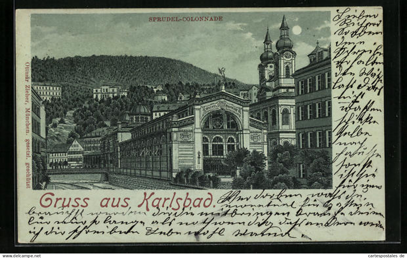Mondschein-Lithographie Karlsbad, Sprudel-Colonnade Mit Strassenpartie  - Czech Republic