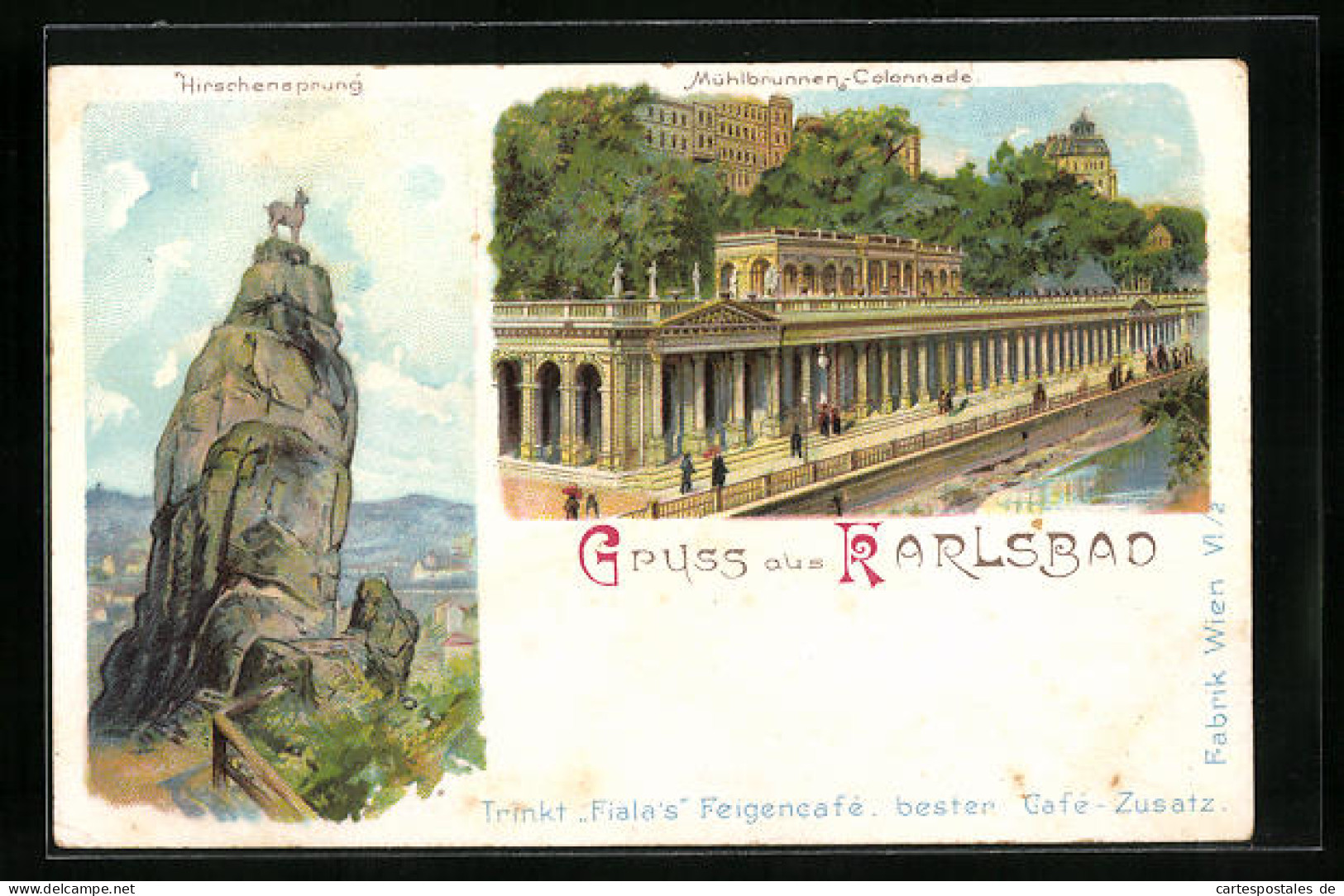 Lithographie Karlsbad, Hirschensprung, Mühlbrunnen-Colonnade  - Tchéquie