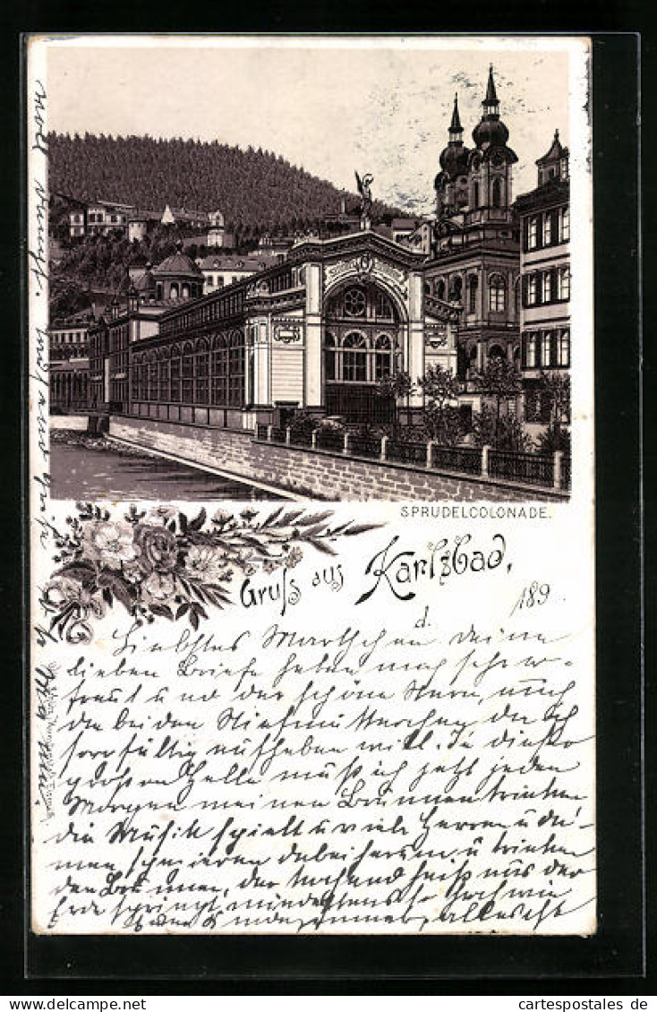 Lithographie Karlsbad, Sprudelcolonade Mit Wasserpartie  - Tsjechië