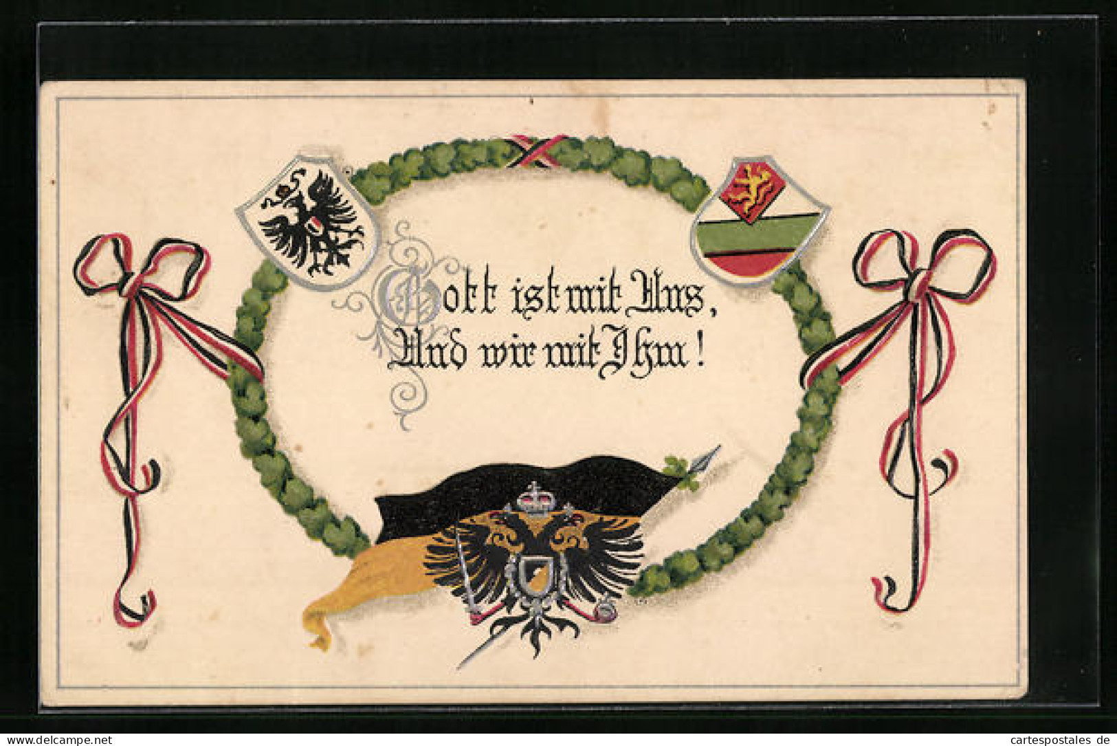 AK Österreichische Fahne Und Wappen Mit Spruch Gott Ist Mit Uns Und Wir Sind Mit Ihm!  - Oorlog 1914-18