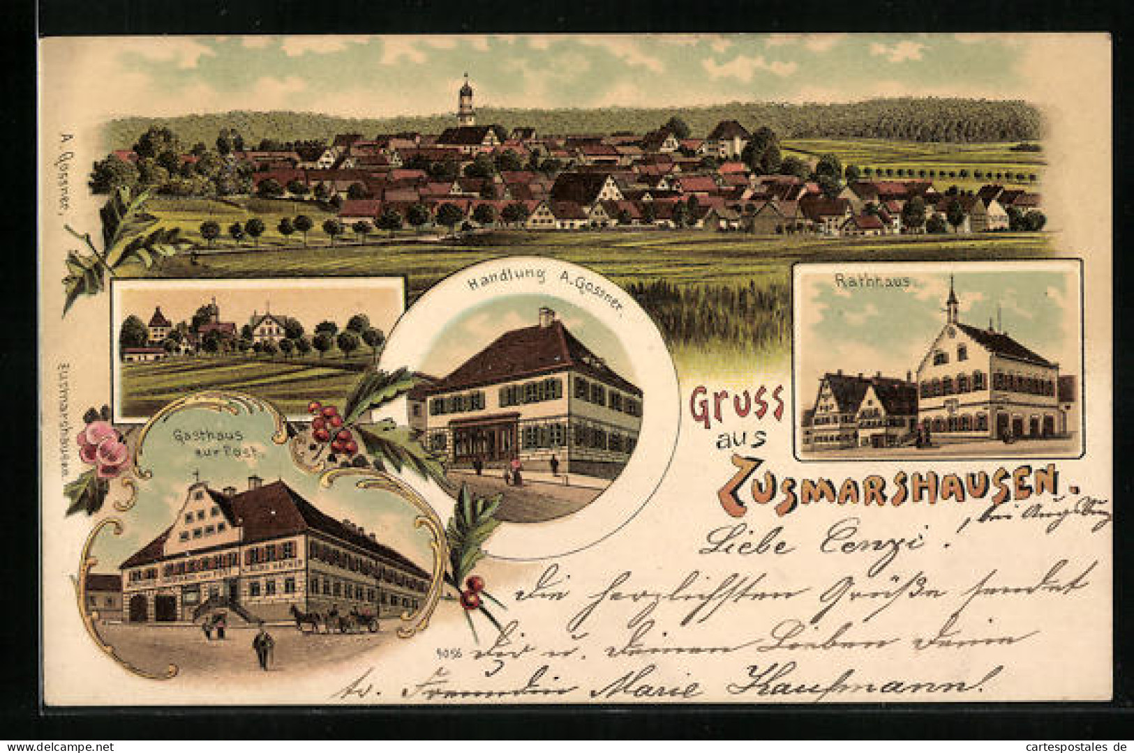 Lithographie Zusmarshausen, Totalansicht, Gasthaus Zur Post, Handlung A. Gossner, Rathaus  - Andere & Zonder Classificatie