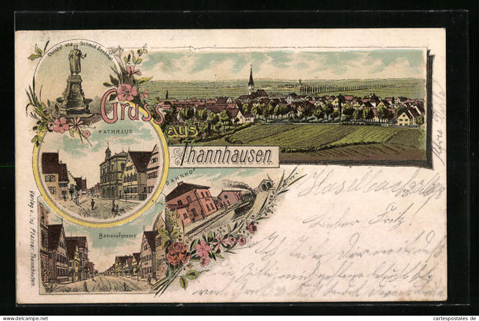Lithographie Thannhausen, Christof Von Schmid Denkmal, Totalansicht, Rathaus, Bahnhofstrasse  - Autres & Non Classés